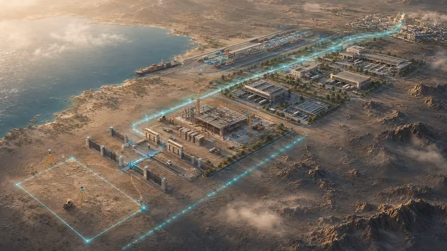 A coastal scene linking a surveyed plot, construction site, completed complexes, port and rail yard.