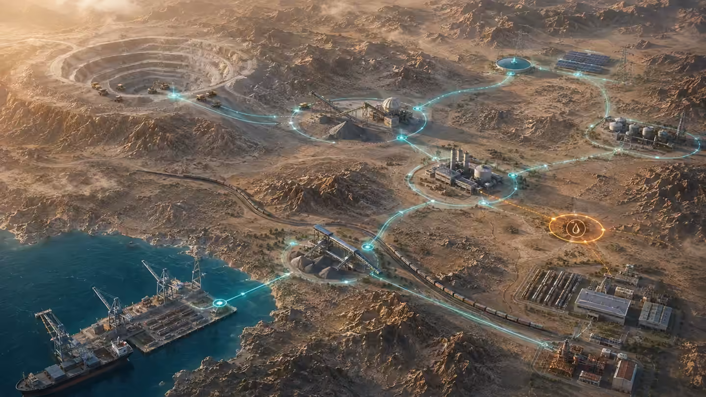 An open-pit mine, processing, factories, energy infrastructure, freight rail, coastal storage and port.